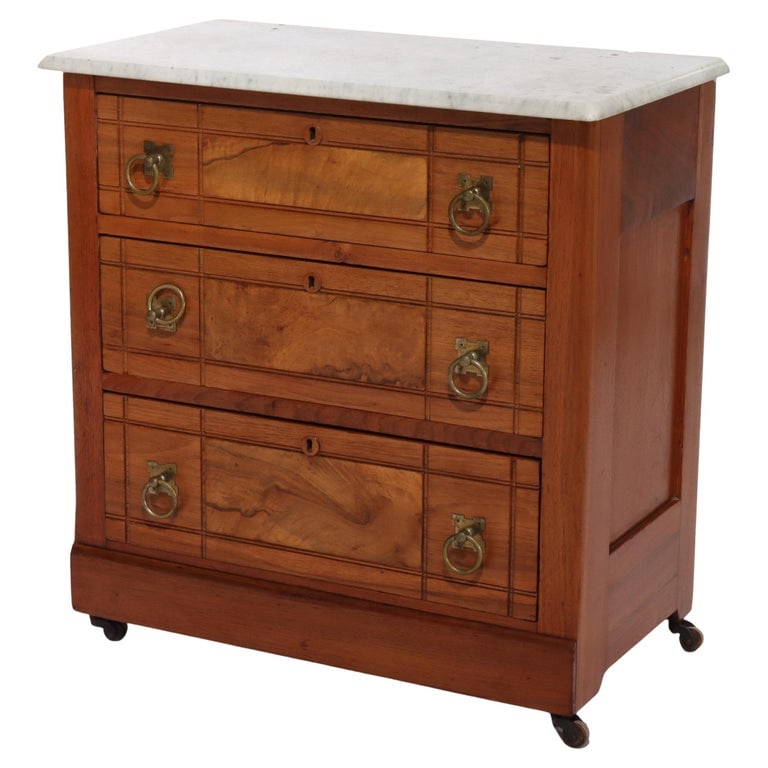 Eastlake School Walnut & Burl 3-Drawer Marble Top Commode C1890 (1 of 8)