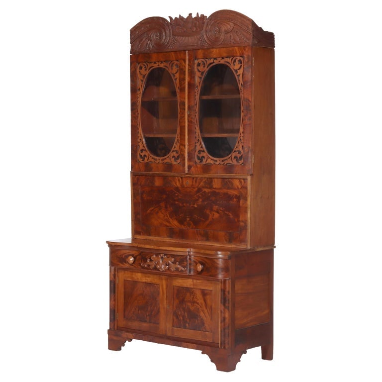 Quervelle School American Empire Carved Flame Mahogany Secretary C1840 (1 of 20)