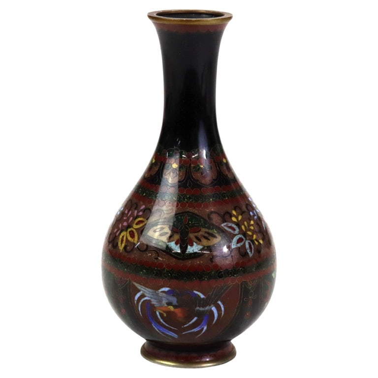 Antique Cloisonne Bottleneck Vase with Bird, Butterfly & Garden Flowers C1920 (1 of 7)