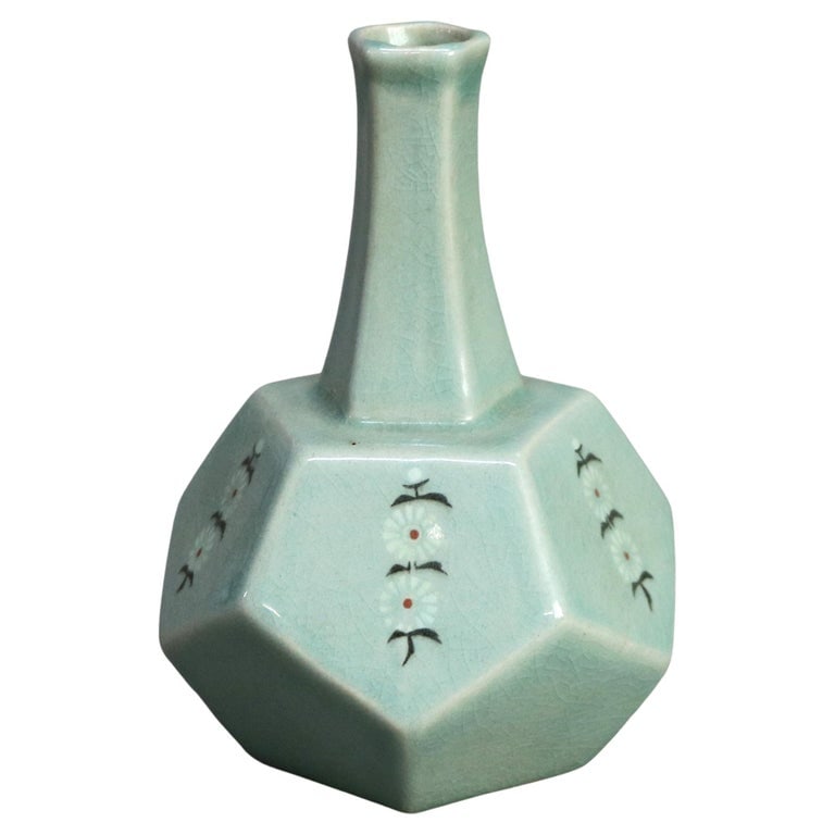 Antique Asian Celadon Pottery Bud Vase with Daisies Signed 20thC: Antique Asian Celadon Pottery Bud Vase with Daisies Signed 20thC. Measures - 6"H x 4.25"W x 4.25"D. *** OPTIONAL IN-HOUSE SHIPPING & DELIVERY - While onsite retrieval is always welcome at no charge, I
