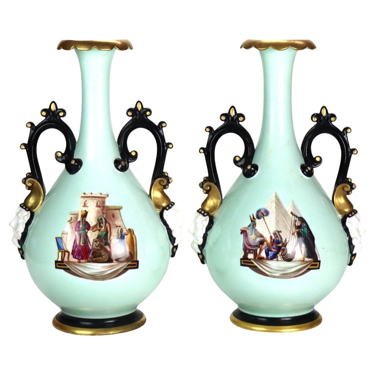 Large 16" Old Paris Egyptian Revival Hand Painted & Gilt Porcelain Vases c1880 (1 of 10)