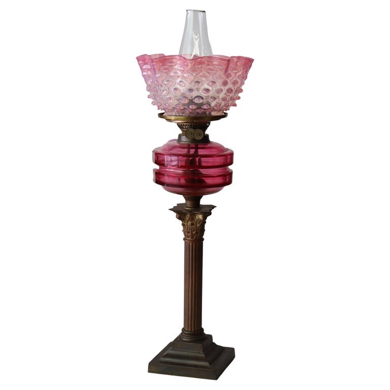 English John Scott Bronze, Cranberry & Opalescent Hobnail Glass Oil Lamp c1890 (1 of 9)