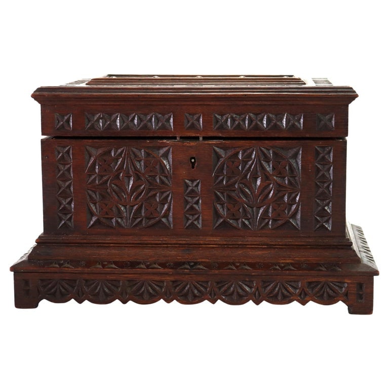 Gothic Style Chip Carved Walnut Keepsake Box c1860 (1 of 13)