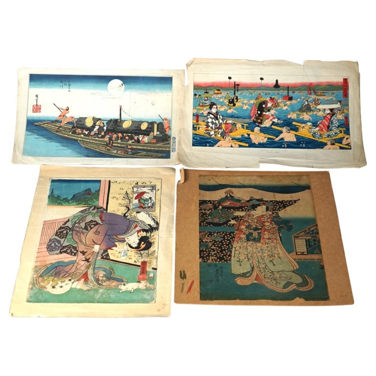 Group of Four Antique Japanese Woodblock Genre Prints c1920 (1 of 7)
