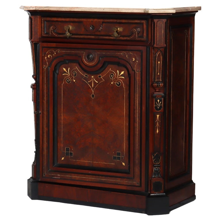 Renaissance Revival Parcel Gilt Walnut & Burl Marble Top Credenza c1870: This antique Renaissance Revival credenza, dating to approximately 1870, showcases craftsmanship in walnut and burl wood. The piece is crowned with a polished marble top, providing a luxurious and dur