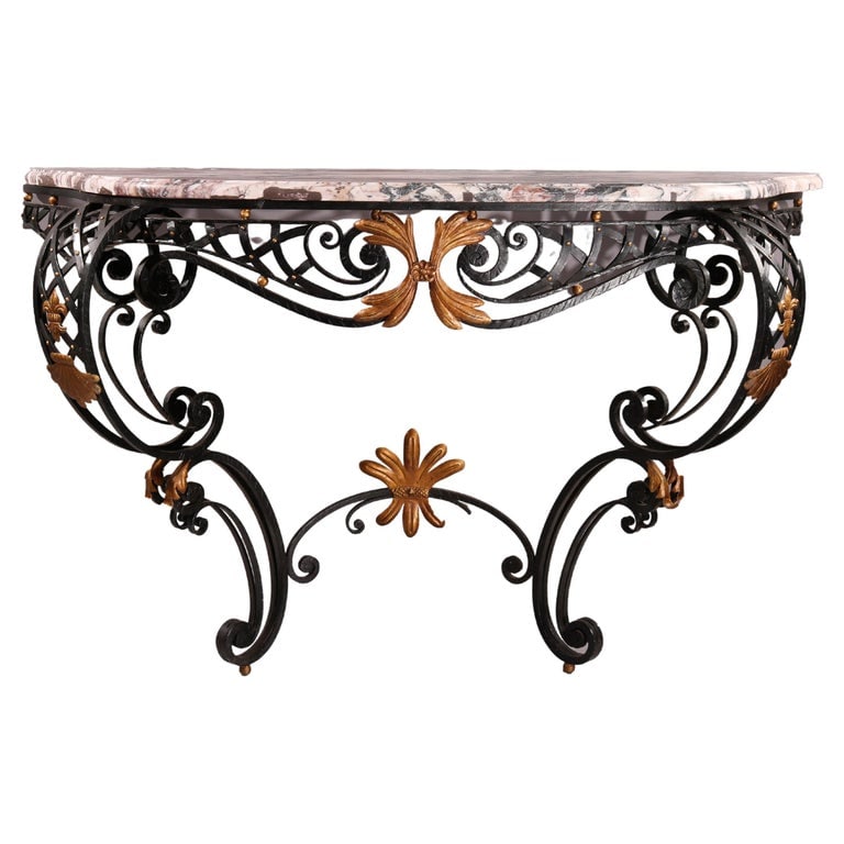French Louis XV Style Wrought Iron & Marble Console Table 20thC (1 of 15)