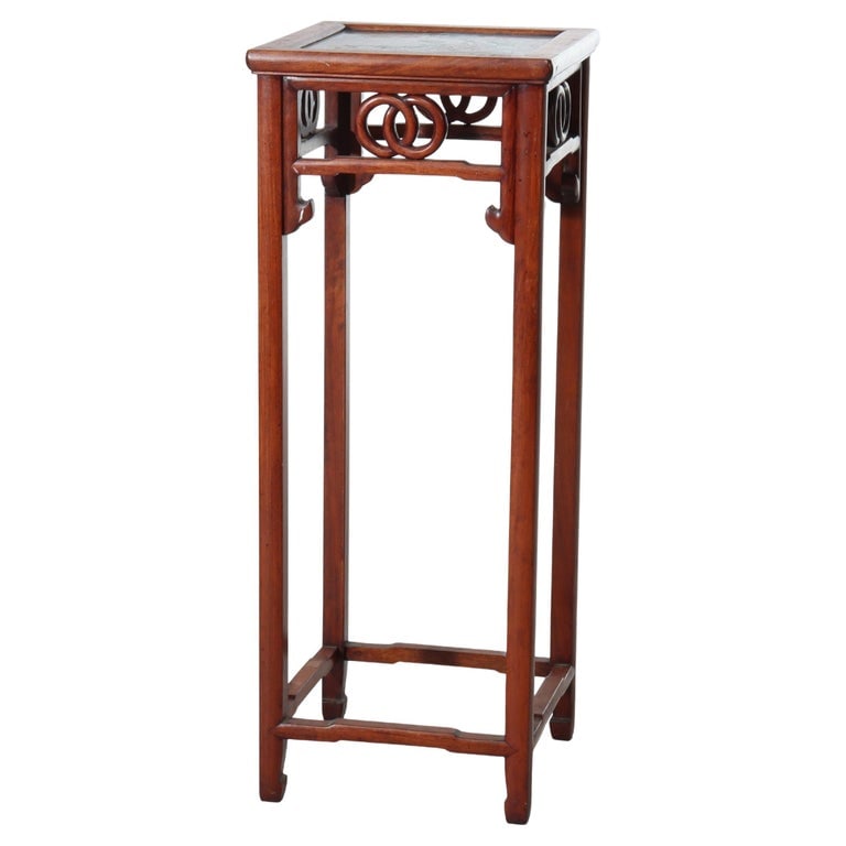 Chinese Aesthetic Mahogany Plant Stand With Figural & Floral Coisonne Top c1920 (1 of 9)