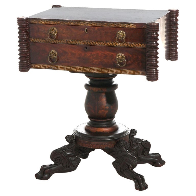 Neoclassical American Empire Carved Flame Mahogany Stenciled Work Table c1830 (1 of 12)