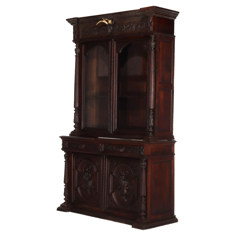 Heavily Figural & Floral Carved Oak Step Back Hunt Cupboard c1920 (1 of 18)