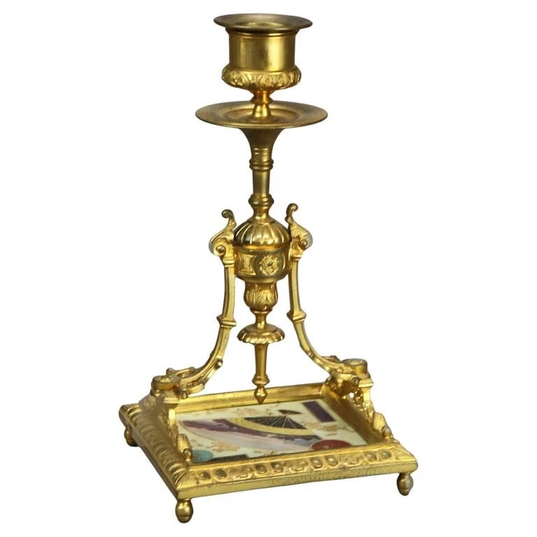 Antique Gilt Bronze Candlestick with Porcelain Tile Base C1880 (1 of 4)