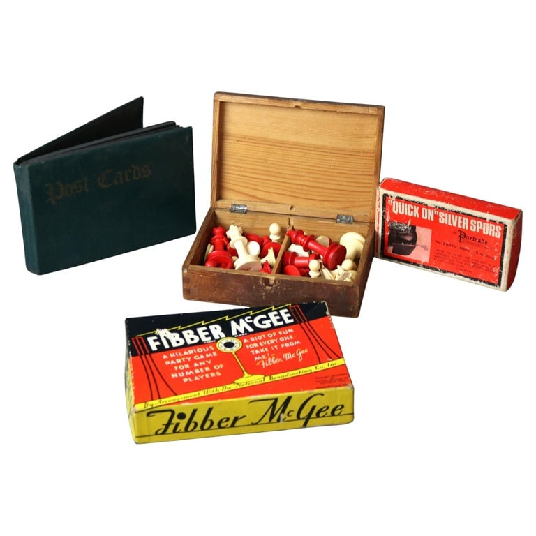 Lot Of 4 Miscellaneous Antique Items: Chess Pieces, Spurs, Game And Postcards (1 of 5)