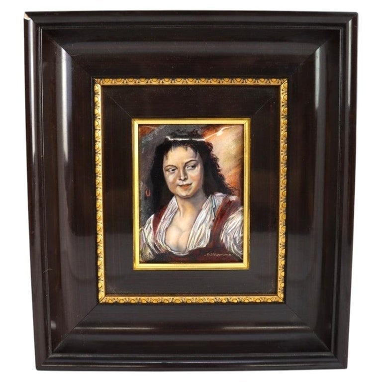 French Limoges Enameled Copper Recreation Of Frans Hals Painting, The Gypsy Girl: This is a vintage French Limoges enameled copper plaque, signed by F. J. Carmona, dating to approximately 1940. The piece is a recreation of Frans Hals' famous painting, "The Gypsy Girl." The enamel w