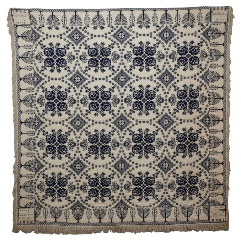 Antique Blue & Tan Coverlet With Tree & Floral Pattern, 81.75"x85", C1833: Antique Blue & Tan Coverlet With Tree & Floral Pattern, 81.75"x85", C1833. *** OPTIONAL IN-HOUSE SHIPPING & DELIVERY - While onsite retrieval is always welcome at no charge, IN-HOUSE SHIPPING & DELIVE