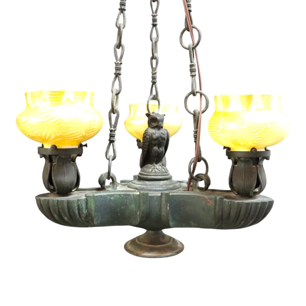 Aesthetic Movement Figural Bronze \Chandelier With Owl & Quezal Shades c1900: This exquisite antique chandelier, dating to approximately 1900, features a figural bronze frame consistent with the Aesthetic Movement style. The fixture is designed for three lights and is adorned w