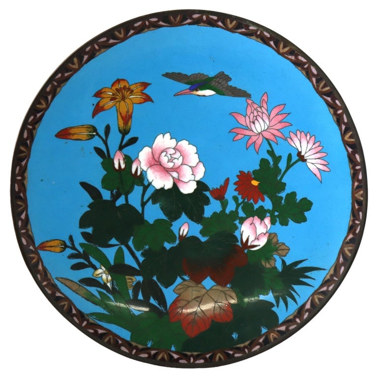 Antique Chinese Floral & Figural Cloisonne Enameled Plate C1920 (1 of 6)