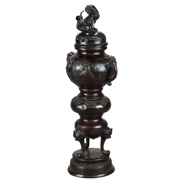 Antique Japanese 22" Bronze Meiji Footed Censer with Figural Foo Dogs & Birds C1900 (1 of 15)