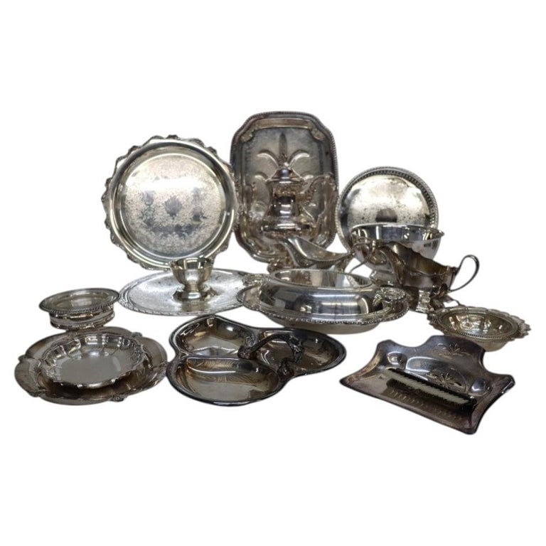 16 Piece Various English Silver Plate Items: 16 Pieces Various English Silver Plated Items. Measures - 11"H x 9"W x 6"D (Largest). *** OPTIONAL IN-HOUSE SHIPPING & DELIVERY - While onsite retrieval is always welcome at no charge, IN-HOUSE SHIPPI