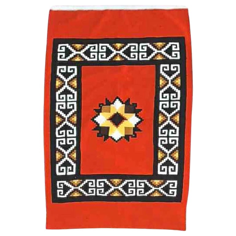 Antique Southwest Native American 50"x77" Handwoven Blanket C1930: This is a handwoven blanket from the Southwest Native American tradition, dating to around 1930. The blanket features a vibrant red background with intricate geometric patterns in black, white, and ye