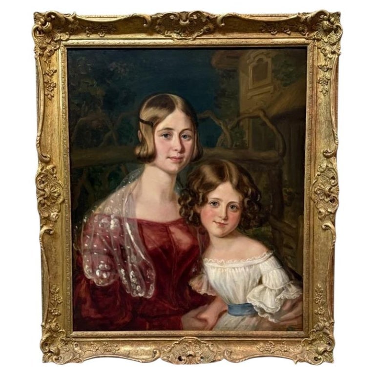36" Oil On Canvas Mother & Daughter Double Portrait Painting C1870: Oil On Canvas Mother & Daughter Double Portrait Painting C1870. Measures - 36.25"h. ** OPTIONAL IN-HOUSE SHIPPING & DELIVERY - While onsite retrieval is always welcome at no charge, IN-HOUSE SHIPPING 