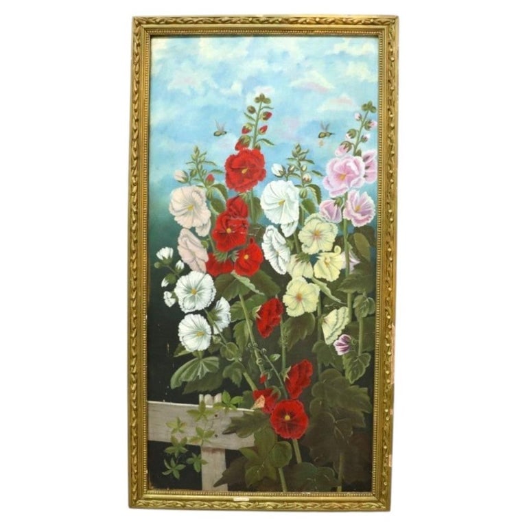 Oil On Canvas 38" Floral Painting Of Garden Hollyhocks With Bees C1900 (1 of 17)