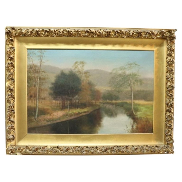 Hudson River School 40" Oil On Canvas Landscape Painting by Gregory Hollyer C1900: This antique oil on canvas painting, signed by Gregory Hollyer, dates to approximately 1900 and exemplifies the Hudson River School style. The landscape depicts a serene river winding through a wooded