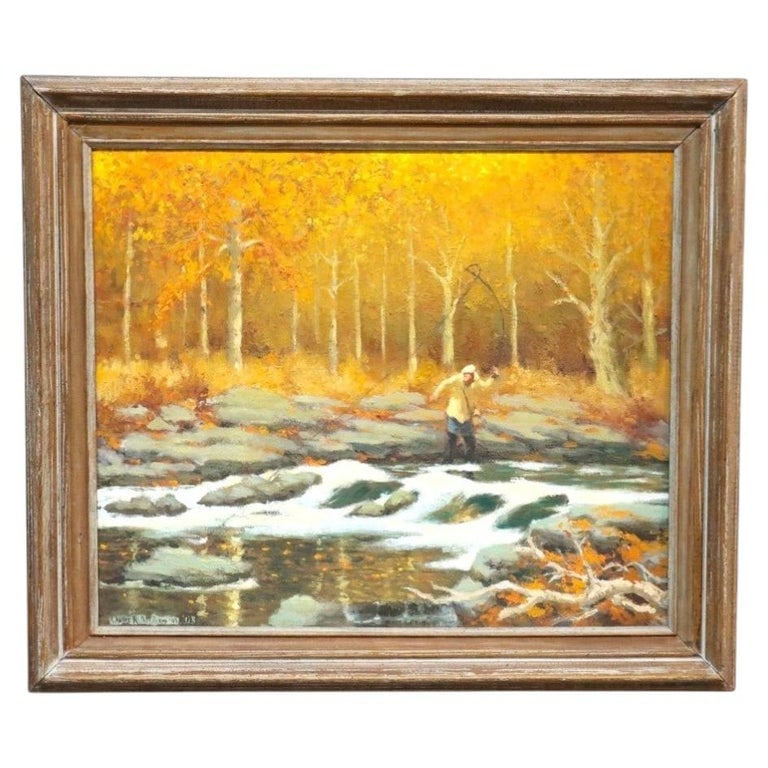 C. Northrop New Hope School 29" O/C NY Impressionist Painting, Fly Fishing, c2003: This Impressionist oil on canvas painting depicts a fly fishing scene set amidst vibrant autumn foliage, characteristic of the New Hope School style. The artwork is signed by the local Penn Yan, NY ar