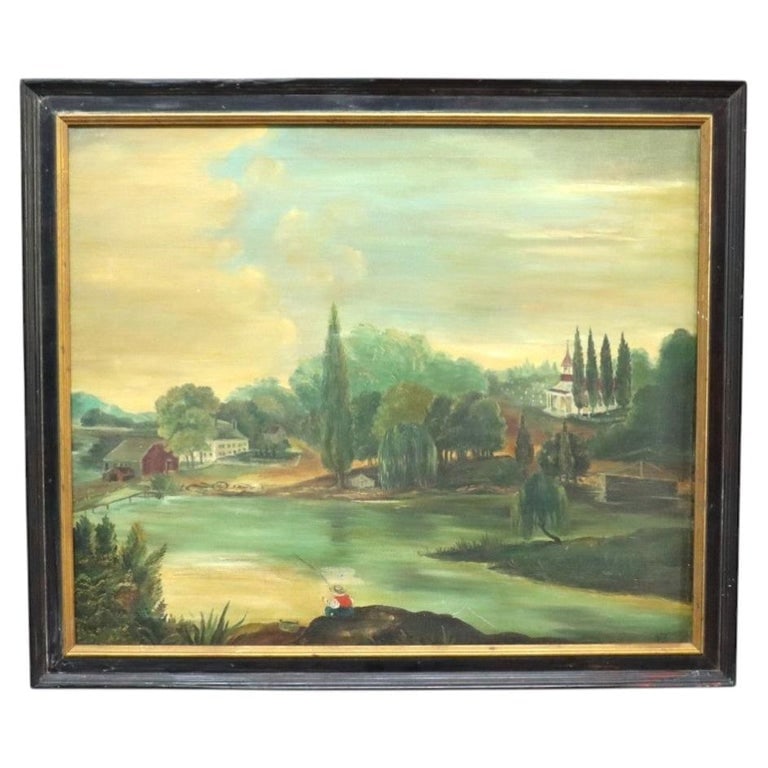 Oil On Canvas 33" Folk Art Painting Of A Rustic Country River Village C890: An antique oil on canvas painting depicting a rustic country river village scene. This folk art piece captures a tranquil landscape with a figure fishing by the water, surrounded by lush trees and dis