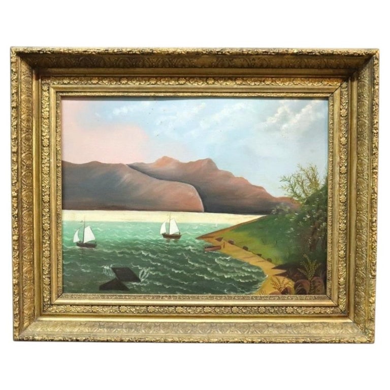 Hudson River School 31" Primitive Folk Art Oil On Board Seascape Painting C1900: This antique oil on board painting, dating to approximately 1900, depicts a serene seascape in the style of the Hudson River School, exhibiting characteristics of primitive folk art. The composition f