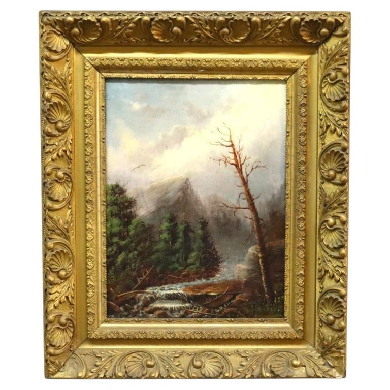MEH Hudson River School Oil On Canvas 24" Adirondack Landscape Painting C1890: An antique Hudson River School oil on canvas landscape painting, depicting an Adirondack High Peak and a flowing stream. This work is signed by the artist "MEH" and dates to approximately 1890. The pa