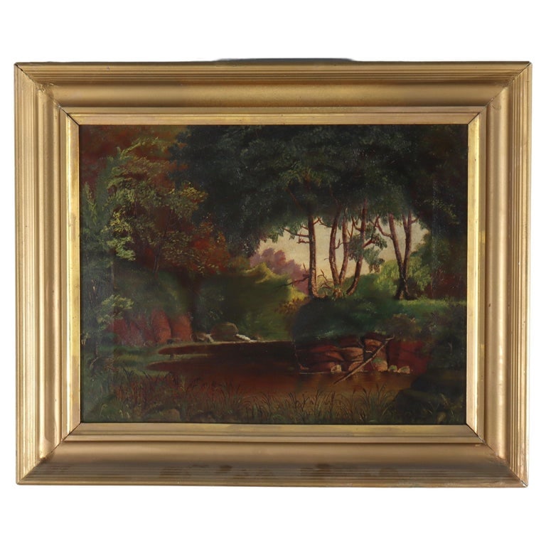 Hudson River School 25" Oil On Canvas Landscape Painting c1900: An unsigned oil on canvas painting from the Hudson River School, dating to around 1900. The painting is framed. Measures - 20 5/8" x 24 7/8" x 2 3/8". ** OPTIONAL IN-HOUSE SHIPPING & DELIVERY - While 