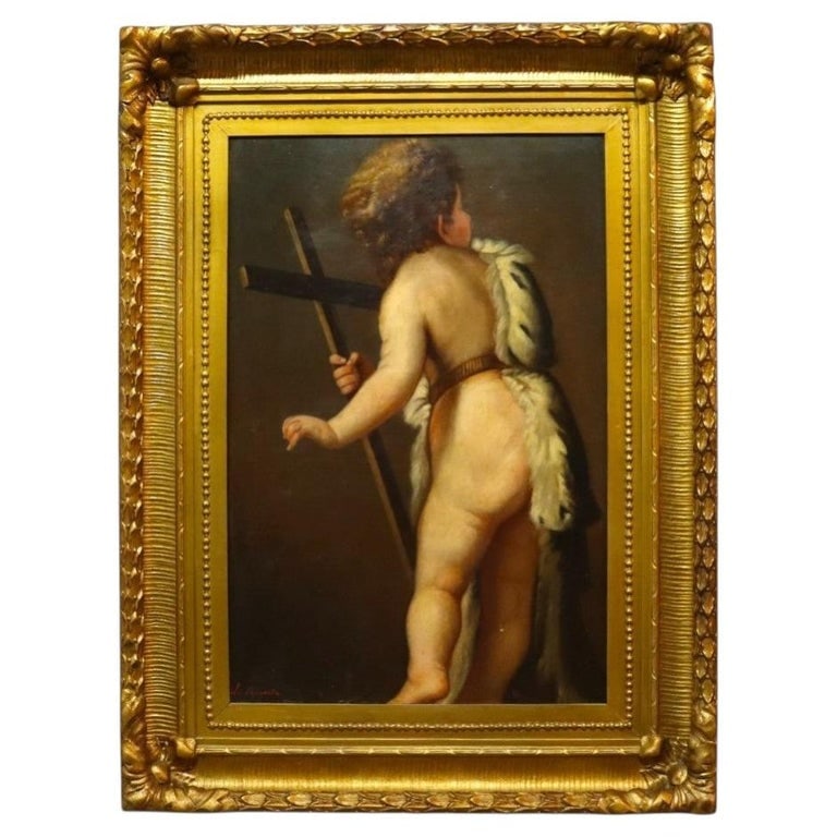 L. Morgantin 41" Neoclassical O/C On Board “The Infant Saint John The Baptist” 1890: An antique Neoclassical oil on canvas laid on board painting, circa 1890, depicting "The Infant Saint John The Baptist." This fine art piece is signed by L. Morgantin in the lower left corner. The art