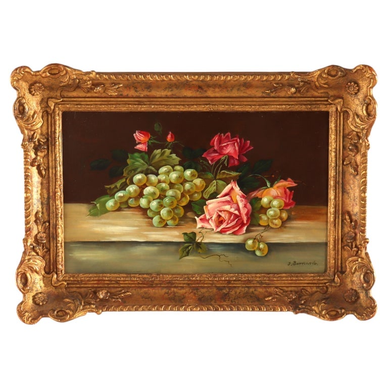 J. Bernard 17" Oil On Board Floral Still Life Painting Of Roses & Grapes C1920: An early 20th-century oil on board painting, signed by the artist J. Bernard, circa 1920. This still life composition features a lush arrangement of verdant green grapes alongside vibrant pink and cor