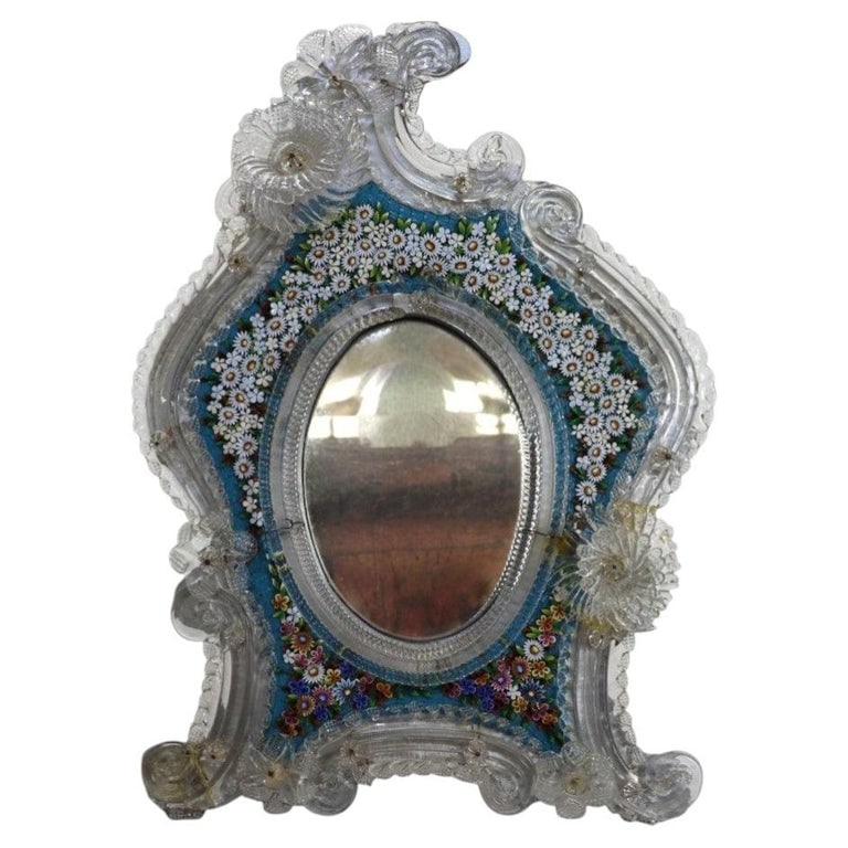 Venetian Murano Glass 16" Dressing Mirror With Floral Micro Mosaic C1890: Venetian Murano Glass Dressing Mirror With Floral Micro Mosaic Pattern C1890. Measures - 16"H x 11"W x 3"D. *** OPTIONAL IN-HOUSE SHIPPING & DELIVERY - While onsite retrieval is always welcome at no c