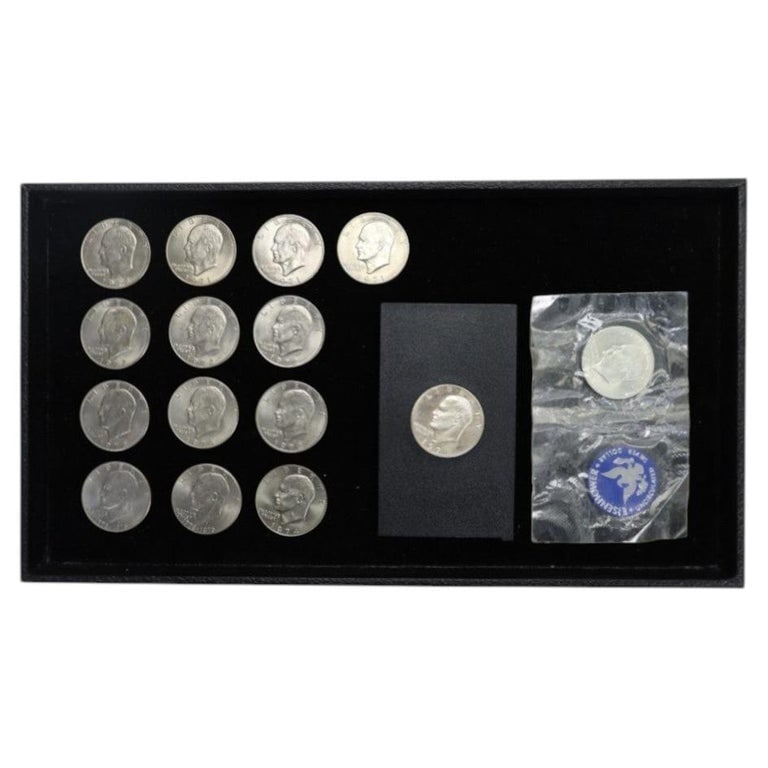 16 Pc - Eisenhower Dollars, Including A Blue Envelope Set C1971-1976: 16 Pc - Eisenhower Dollars, Including A Blue Envelope Set C1971-1976. Measures - 1.5"W x 1.5"D. *** OPTIONAL IN-HOUSE SHIPPING & DELIVERY - While onsite retrieval is always welcome at no charge, IN-HO