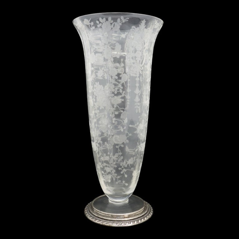 Cambridge Glass Co. Depression Era “Rose Point” On Weighted Sterling Base: Cambridge Glass Co. Depression Era “Rose Point” Acid Etched Crystal Vase Mounted On Weighted Sterling Silver Base. Measures - 11.25"H x 5.25"W x 5.25"D. *** OPTIONAL IN-HOUSE SHIPPING & DELIVE