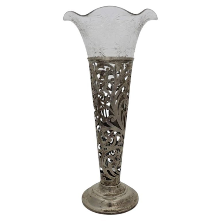 Sterling Silver Reticulated Trumpet Vase With Cut Crystal Insert, 11.7 Troy Ounce: Sterling Silver Reticulated Trumpet Vase With Cut Crystal Insert, 11.7 Troy Ounce. Measures - 15.5"H x 7.25"W x 7.25"D. *** OPTIONAL IN-HOUSE SHIPPING & DELIVERY - While onsite retrieval is always wel