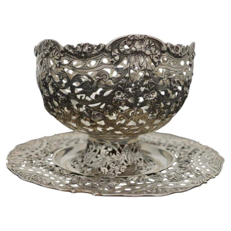 Sterling Silver Hand Crafted Reticulated Compote & Base Plate 22.0 Troy Ounces: Sterling Silver Hand Crafted Reticulated Compote & Base Plate Sterling Mark 22.0 Troy Ounces. Measures - 5"H x 6"W x 6"D. *** OPTIONAL IN-HOUSE SHIPPING & DELIVERY - While onsite retrieval is always w