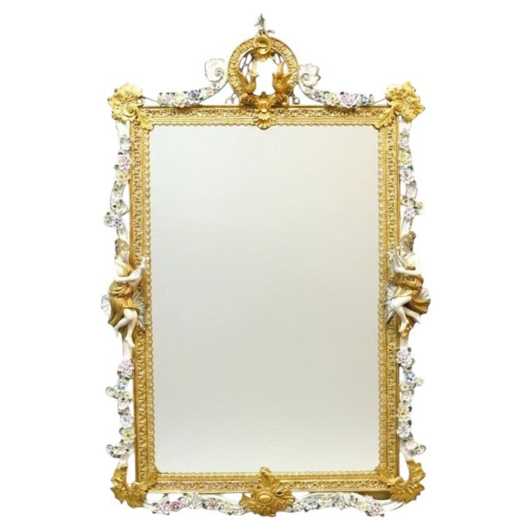 Vintage 49" Meissen Rococo Figural & Floral Porcelain & Ormolu Wall Mirror 20thC (1 of 15)