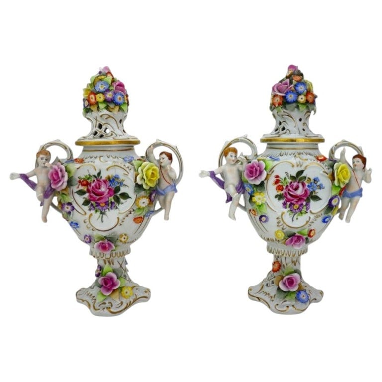 Pr Vintage German Porcelain Manufactory Plaue Meissen School Figural Urns c1890 (1 of 16)