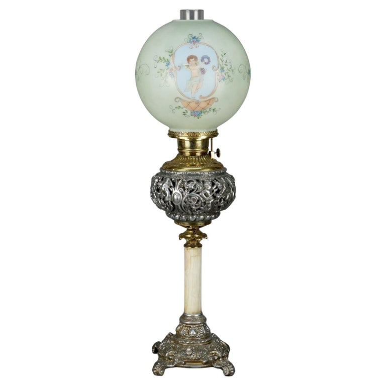 Victorian Onyx, Gilt & Silvered Metal Figural Cherub Parlor Lamp C1890 (1 of 16)