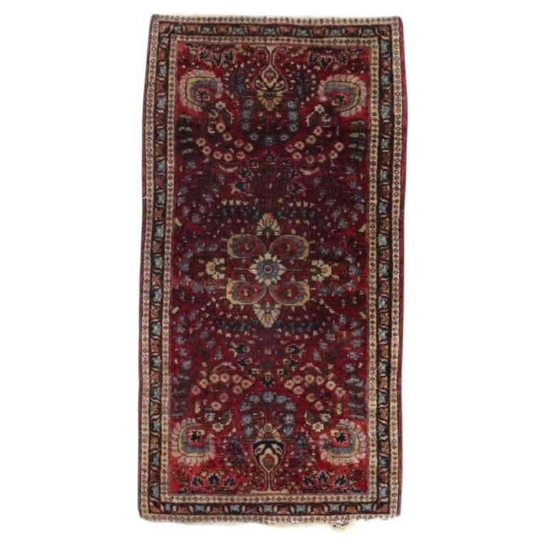 Antique Sarouk Persian Oriental Wool 48"x25" Throw Rug C1930: Antique Sarouk Persian Oriental Wool 48"x25" Throw Rug C1930. *** OPTIONAL IN-HOUSE SHIPPING & DELIVERY - While onsite retrieval is always welcome at no charge, IN-HOUSE SHIPPING & DELIVERY for this i