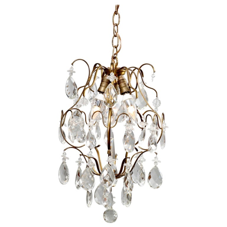 Vintage French Style Brass & Crystal Hanging Hall Light, C1940: A vintage French style hall chandelier offers scrolled brass frame with hanging crystals throughout, circa 1940. Measures: 17" height x 12" diameter. *** OPTIONAL IN-HOUSE SHIPPING & DELIVERY - While 