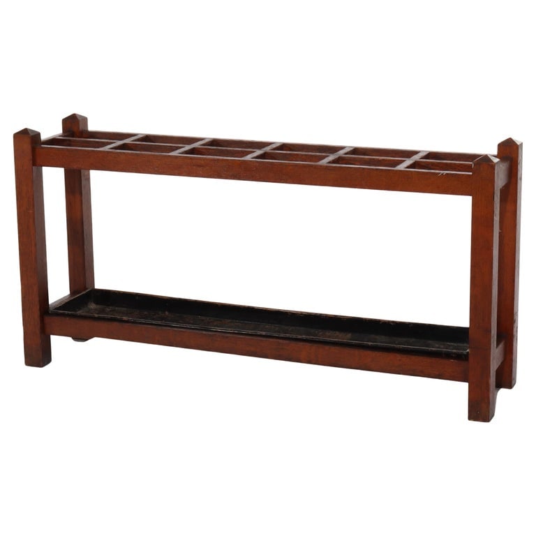 Oversized Stickley School Arts & Crafts Oak Umbrella Stand C1920: Measures - 21 1/2" x 42 3/8" x 10 1/2". An oversized oak umbrella stand in the manner of Stickley, dating to circa 1910. This piece exemplifies the Arts & Crafts movement with its simple, functional d