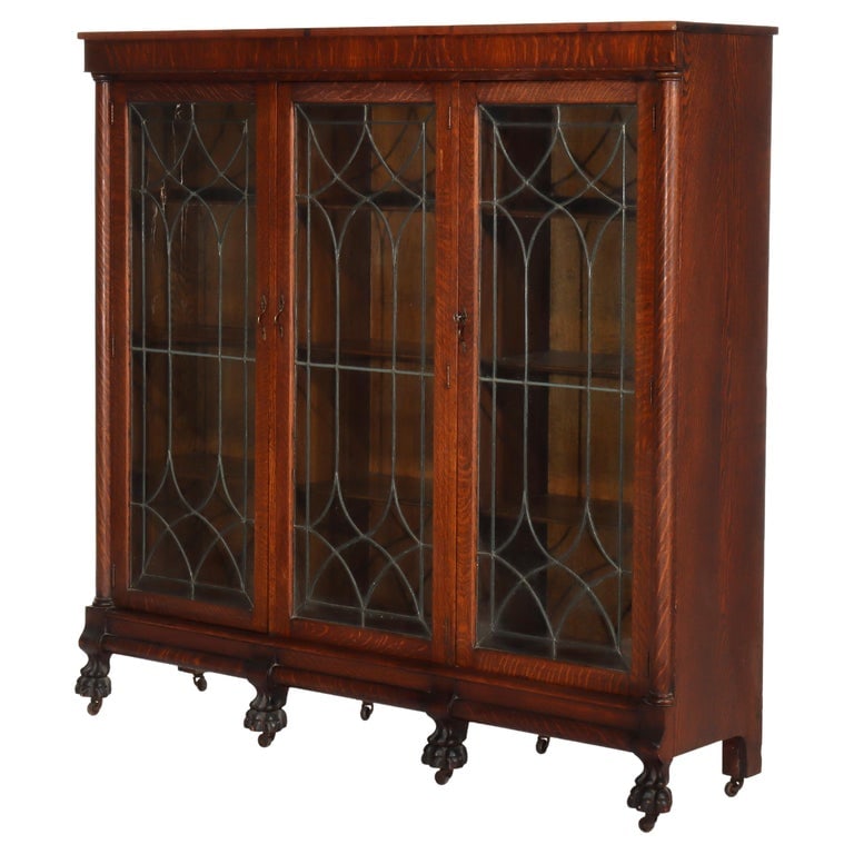 RJ Horner Arts & Crafts Oak & Leaded Glass 3-Door Claw Foot Bookcase C1920 (1 of 18)