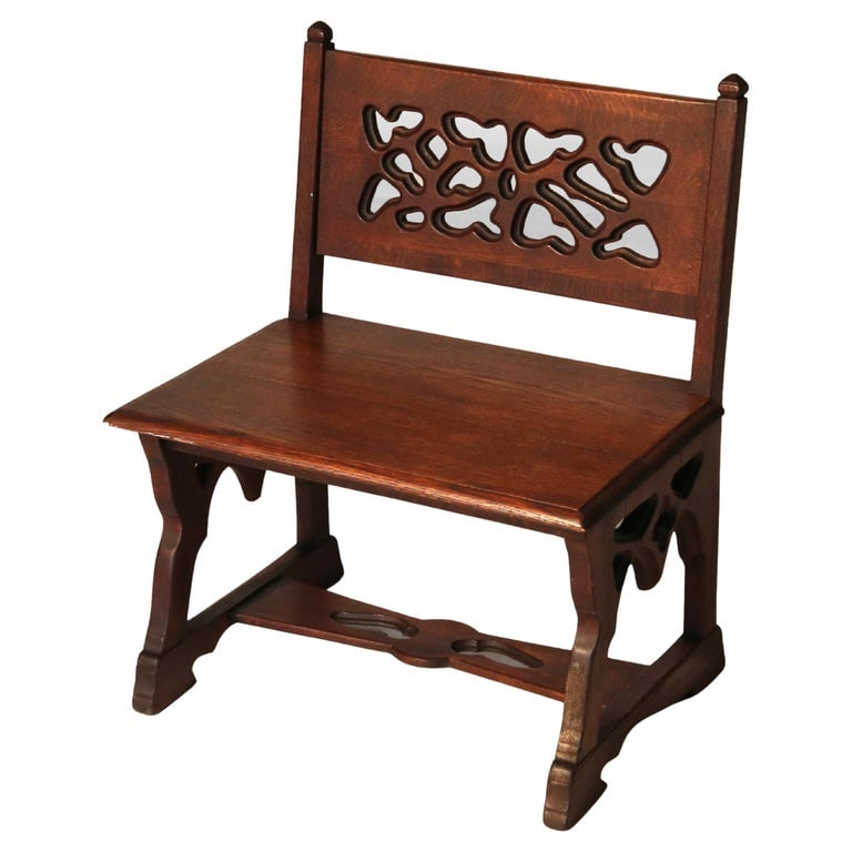 Arts & Crafts Gothic Inspired Carved Oak Small Bench C1920 (1 of 11)