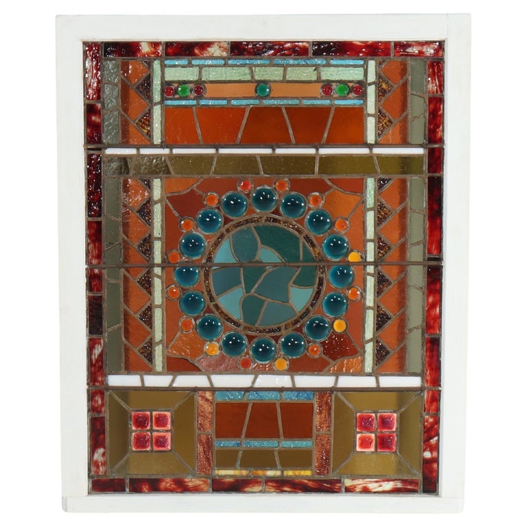 Aesthetic Stained & Jeweled Leaded Glass Window With Stylized Globe C1880: Antique Aesthetic Stained & Jeweled Leaded Glass Window With Stylized Globe C1880. Measures - 40" x 31 7/8" x 1 3/8". *** OPTIONAL IN-HOUSE SHIPPING & DELIVERY - While onsite retrieval is always welco