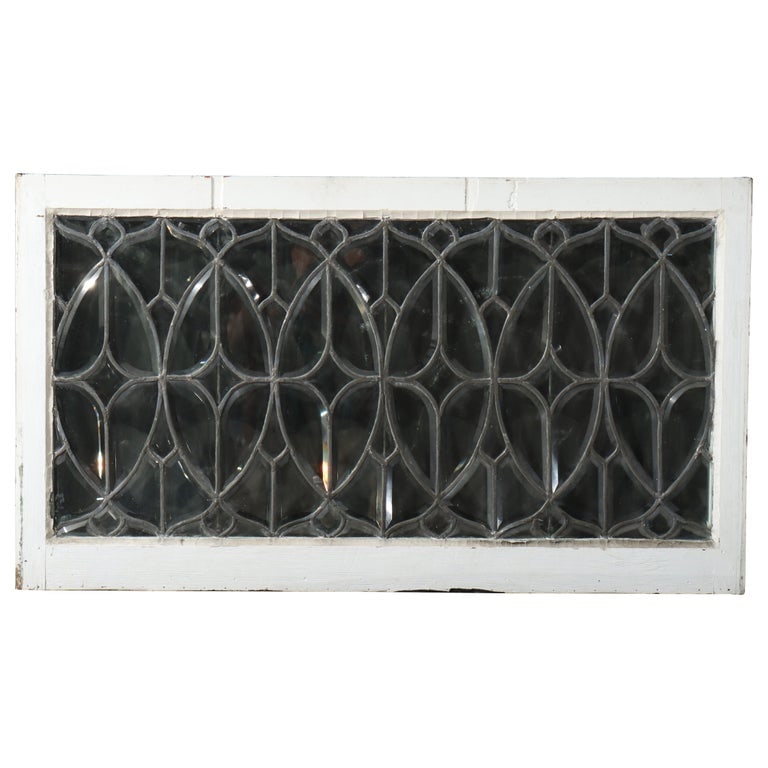 Arts & Crafts Beveled Leaded & Beveled Glass Window C1920: This exquisite antique Arts & Crafts beveled leaded glass window, dating from around 1920, showcases the intricate craftsmanship typical of the period. The window features a complex geometric pattern 