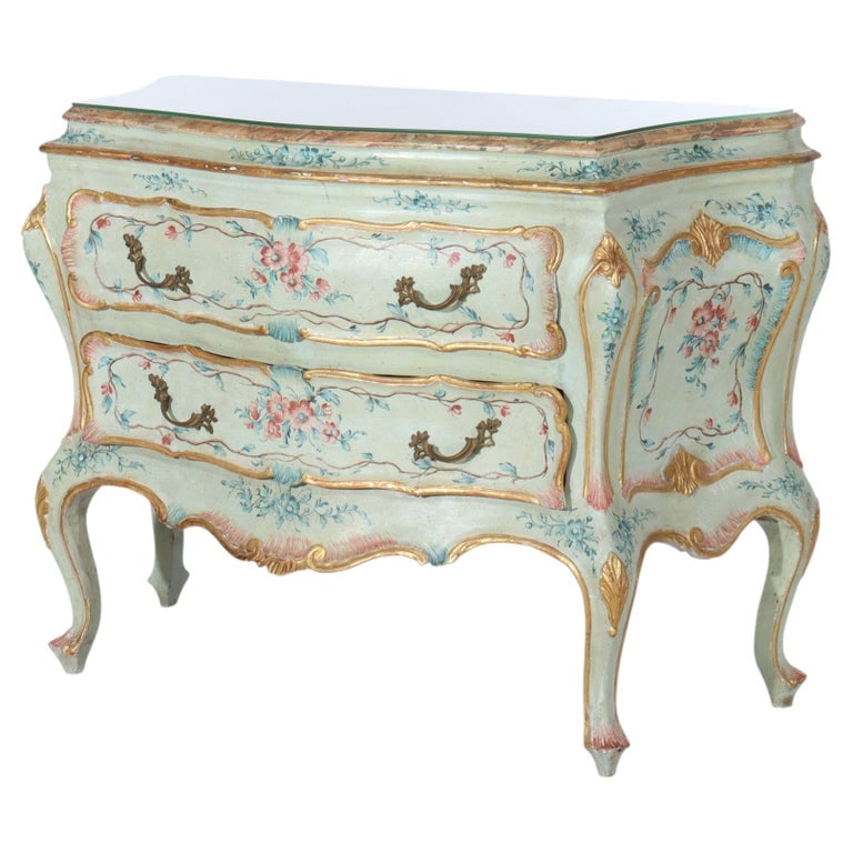Niccolini Italia Louis XIV Style Hand Painted Bombay Commode Signed 20thC: This elegant Niccolini Italian bombé commode, crafted in the 20th century, exemplifies the Louis XIV style with its sophisticated hand-painted decoration. The commode features a distinctive bombé or