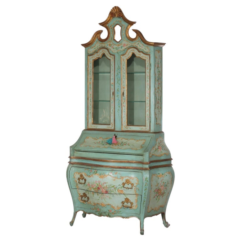 Niccolini Italia Venetian Rococo Hand Painted Bombay Secretary Desk 20thC: This distinguished Niccolini Venetian Rococo secretary desk, originating from the 20th century, is a testament to exquisite Italian craftsmanship and decorative artistry. The piece is constructed from