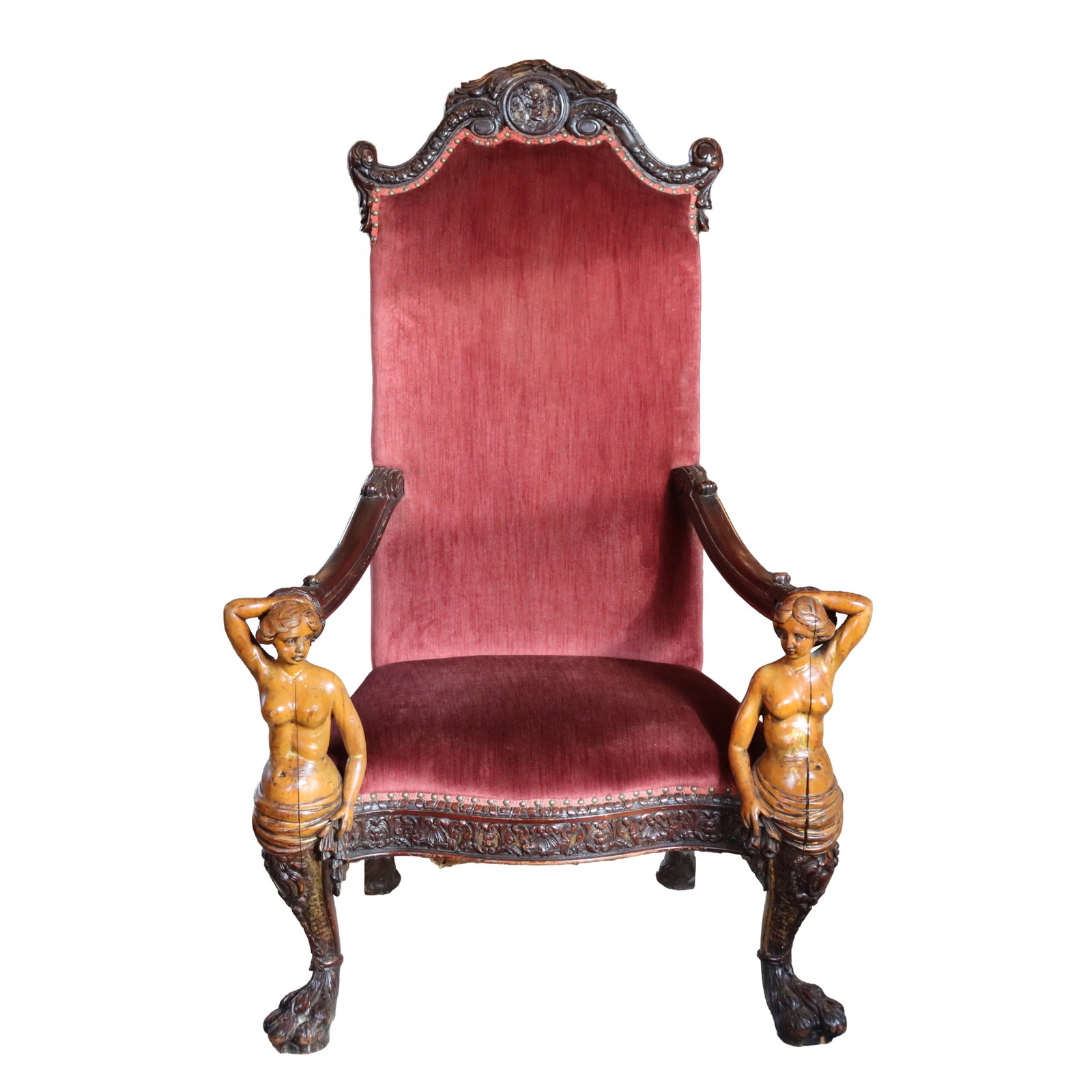 Italian Baroque Figural Carved Walnut Throne Chair, Partial Nude Caryatids C1900 (1 of 16)